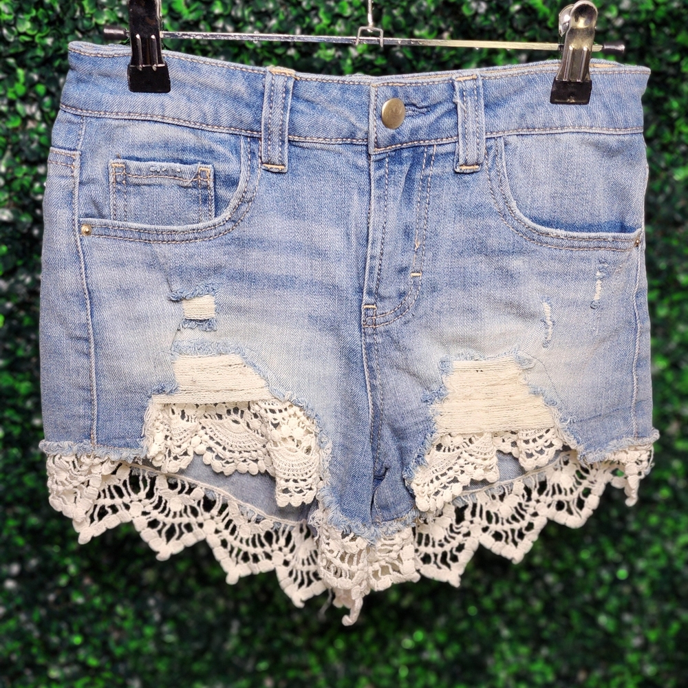 Forever 21 Light Blue Denim Shorts with White Crochet Trim